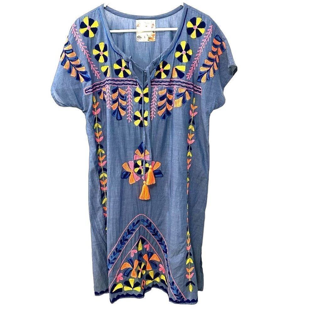 Lulalife Embroidered Floral Dress Size L Cotton Blue